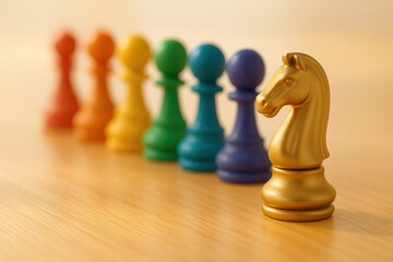 Chess knight piece in gold color stands in front of row of colorful pawns symbolizing leadership and teamwork in strategic and inspiring concept for success and collaboration