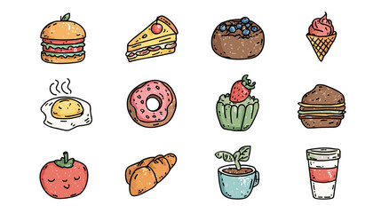 Illustration of various cartoon food items on a beige background.