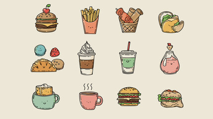 Illustration of various cartoon food items on a beige background.