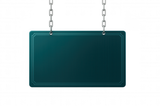 Turquoise sign dangling from metal chains, transparent background allowing seamless graphic integration