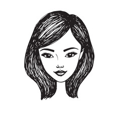 Beautiful Woman Doodle Black and White Illustration Fashion Girl Portrait Line Art Sketch Vector