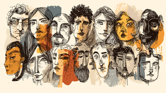 Abstract illustration of diverse faces with various expressions.