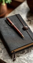 A dark gray leather-bound notebook rests on a table, a dark reddish-brown pen placed on top