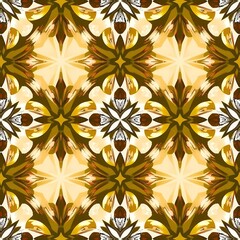 Fototapeta premium Abstract floral pattern with geometric symmetry in gold and brown hues design texture