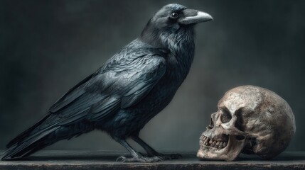 Obraz premium Crow on Human Skull in Moody Dark Setting