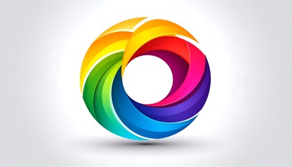 Vibrant, colorful, abstract circular design.  A rainbow of  layers swirl around a central ring.  The design is 3D-like with a subtle shadow