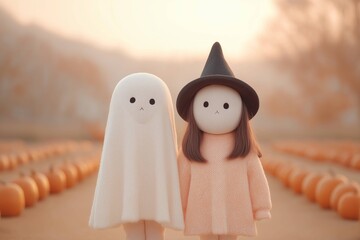 Obraz premium Spooky Pals Embrace: A spectral friend and a tiny witch stand side by side in a mystical orange pumpkins field, a scene perfect for Halloween celebration. 