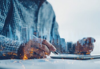 Close-up of person working, overlaid with cityscapes and graphs.  Hands holding pen over documents.  Abstract, modern, business-oriented