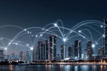 Smart city skyline at night with glowing data lines and futuristic tech overlay