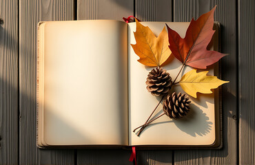 weathered wooden background hosts rustic still life dried leaves pine cones strewn across pages worn blank kraft notebook