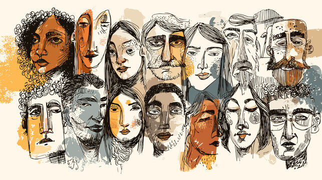 Abstract illustration of diverse faces with various expressions.