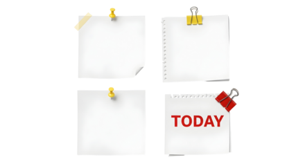 Blank note papers with push pins and binder clips against a white background, ready for notes and reminders