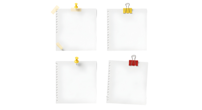 Blank sheets of paper pinned and clipped on a white background, perfect for notes and messages