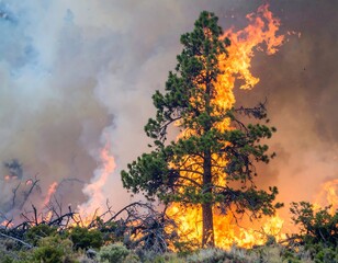 A lone pine tree stands defiant amidst a raging wildfire, its vibrant green foliage contrasting sharply with the intense orange flames.
