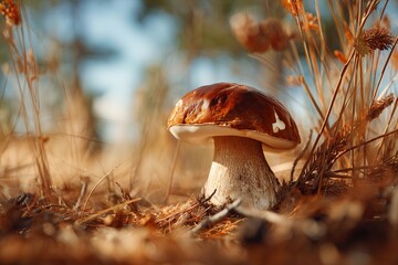 Mushroom growing in the forest ground surrounded by dry grass and pine needles. Natural autumn harvest for food. Wild edible fungi concept.