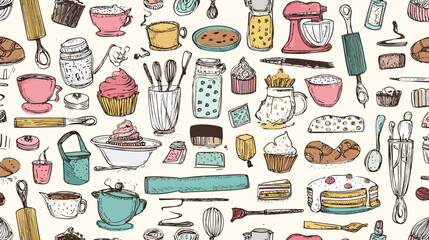 Seamless pattern with hand-drawn baking elements like cupcakes, whisks, and rolling pins on background.