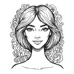Beautiful Woman Doodle Black and White Illustration Fashion Girl Portrait Line Art Sketch Vector