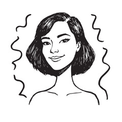 Beautiful Woman Doodle Black and White Illustration Fashion Girl Portrait Line Art Sketch Vector