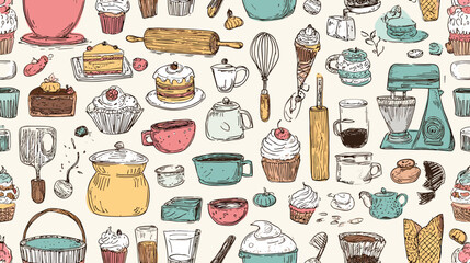 Seamless pattern with hand-drawn baking elements like cupcakes, whisks, and rolling pins on background.