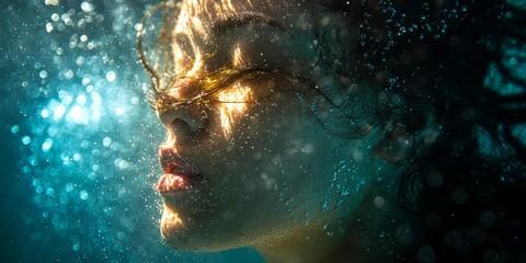 Serene Woman Submerged Underwater with Hair Flowing in Ethereal Light and Bubbles in a Tranquil Aquatic Environment