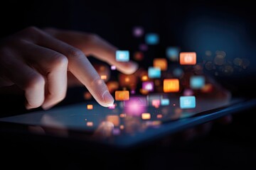 Close-up of hands interacting with a tablet displaying floating social media icons