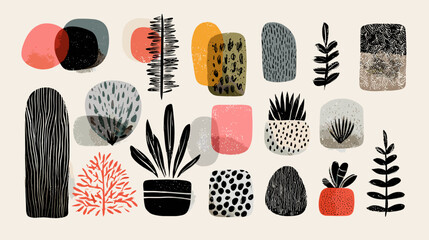 Abstract shapes and botanical elements in a colorful, modern design.