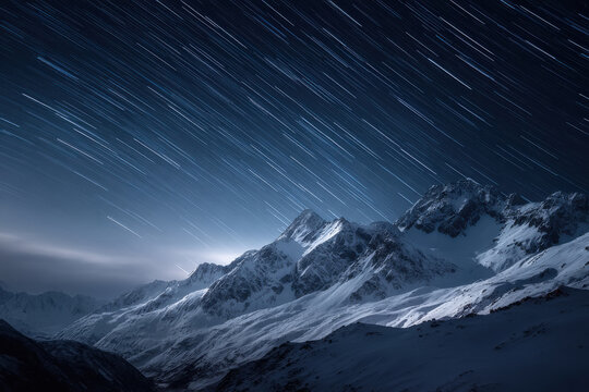 Snow-capped mountain peaks under a starry night sky