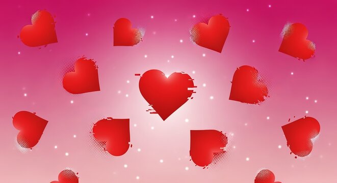 Red Hearts Floating on Gradient Pink Romantic Background