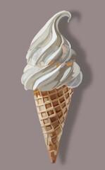 Illustration of white ice cream in a waffle cone on a light gray background. Soft ice cream texture and crispy waffle create an appetizing and fresh image for posters, packaging, and culinary projects