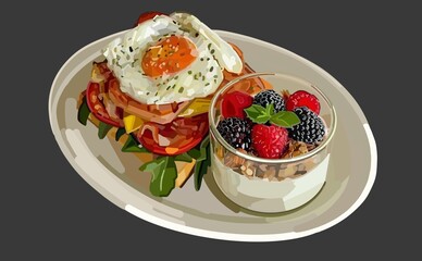 Illustration of a breakfast: a sandwich with fried eggs and a glass of yogurt with fruits on a light background. Bright ingredients, fresh fruits, and appetizing textures create a cozy and appealing i
