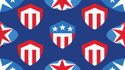 Obraz premium Repeating pattern of shield emblems with stars and stripes on blue