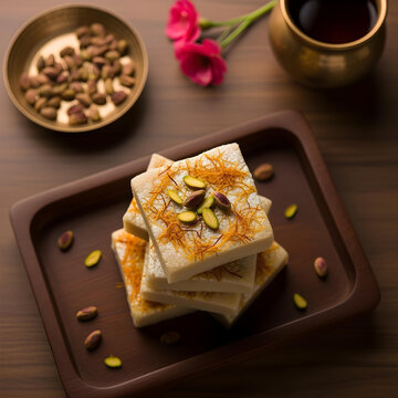 Stack of sandesh sweets decorated with saffron and pistachio on a wooden tra
