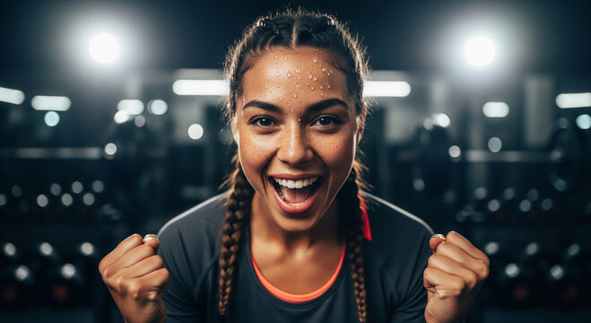 Happy Fitness Woman Celebrating Workout Success in Gym - Powered by Adobe