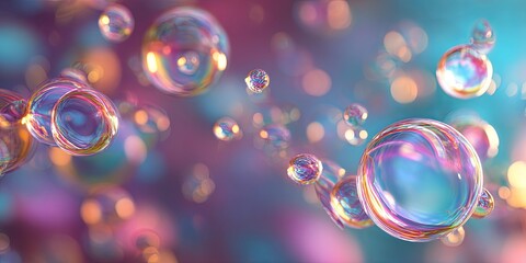 Colorful Transparent Bubbles Floating in a Dreamy Background with Sparkling Effects and Soft Lighting