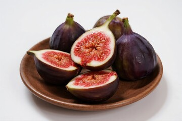 Dark purple figs, both whole and halved to reveal their vibrant red flesh, are arranged on a clay plate, signifying their unique sweet flavor and texture.