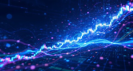 Abstract Digital Stock Market Candlestick Chart with Glowing Upward Trend and Data Visualization on a Dark Blue Background, Symbolizing Financial G...