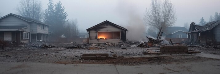 Aftermath of house fire with smoke and debris under grey sky