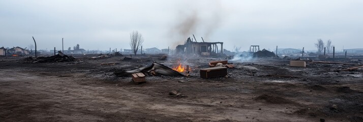 Post wildfire devastation scene with smoldering ruins