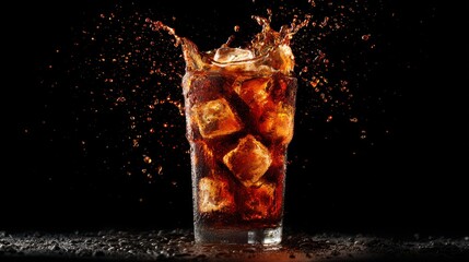 cola with ice cubes splashes on a dark background
