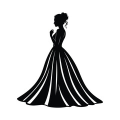 Fototapeta premium Black silhouette of a woman in a ball gown with hair in an updo female dress