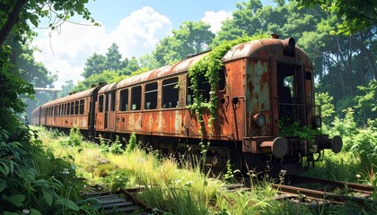 Obraz premium Tren abandonado, corroido por el paso del tiempo, entre maleza