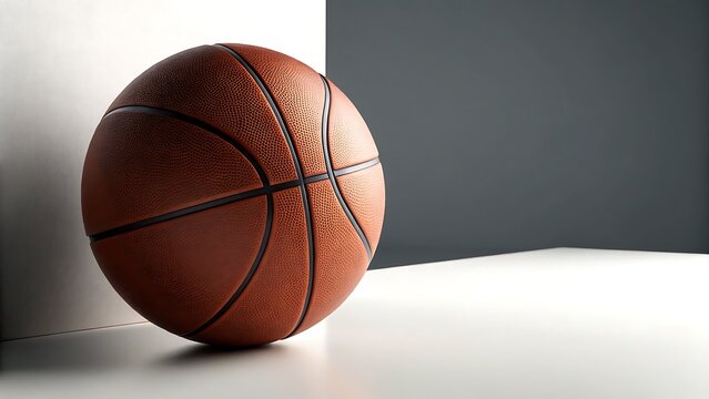 Basketball in corner with two colored walls, sports blog, social media posts, gym flyers, athletic event promotions, basketballthemed websites.