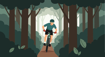 Man riding a mountain bike in a forest environment with trees illustration artwork