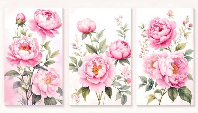 Delicate floral artwork featuring a trio of blossoming peonies in soft pinks and greens against a subtle, light background.