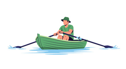 Man Rowing Boat On Calm Green Water, Enjoying Outdoor Recreation Activity.