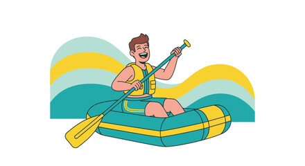 Man Rowing Raft on the Water Having Adventure and Enjoying Summer Leisure