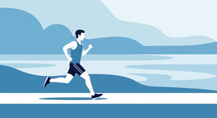 Man Running Along the Shoreline, Minimalist Blue Toned Illustration Of a Marathon Runner