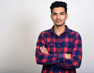 Young man in red and navy plaid shirt, arms crossed