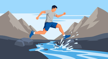 Man running and jumping over water with mountains in the background, trail runner illustration