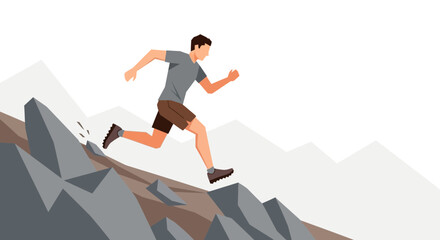 Man running downhill on a mountain trail, fitness and outdoor activity illustration